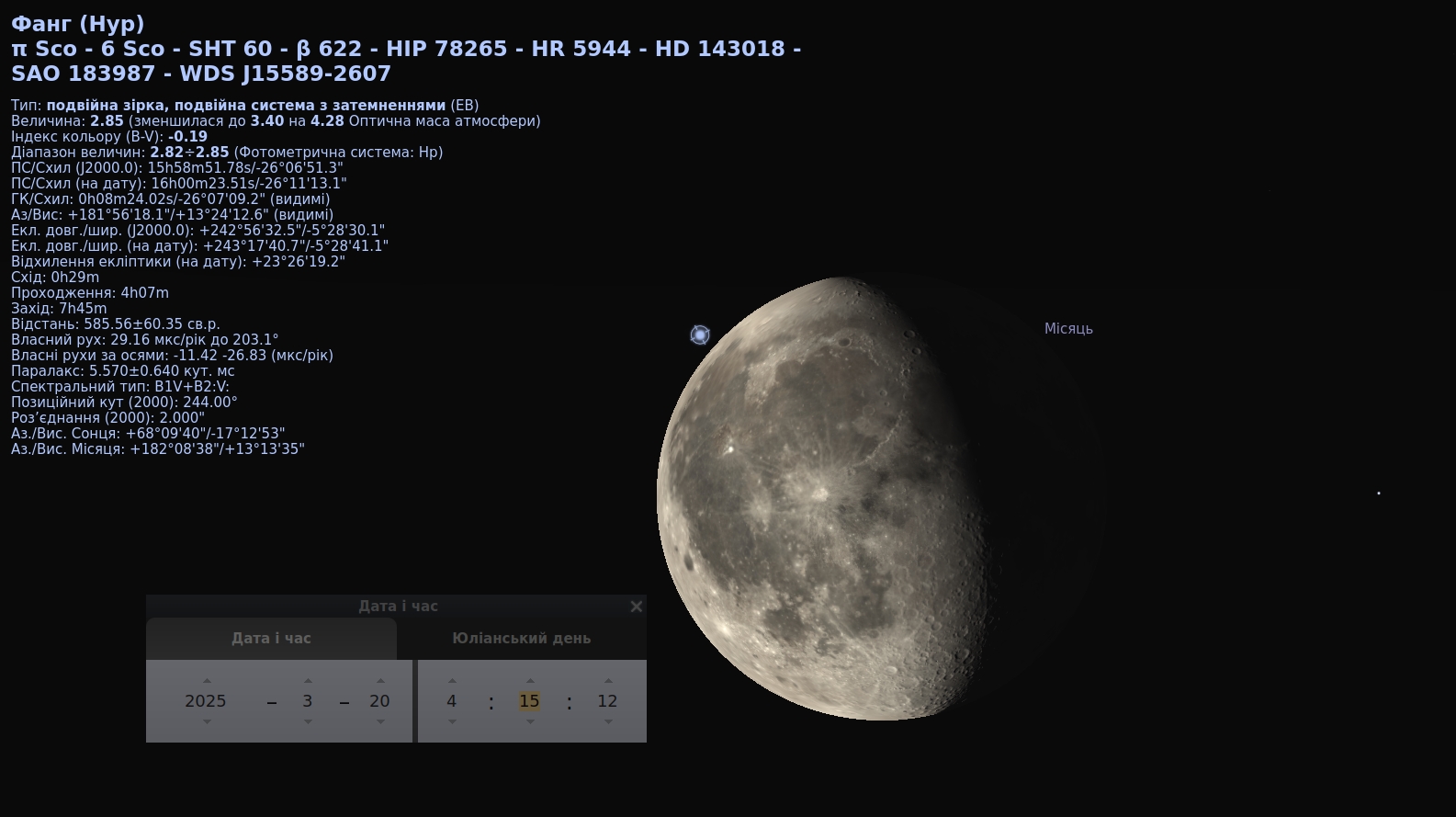 Знімок екрану з програми Stellarium, що показує початок покриття зірки Фанг (π Скорпіона) Місяцем 20 березня 2025 року о 4:15 за Києвом. Великий освітлений Місяць поступово наближається до зірки. На зображенні відображені астрономічні дані про зірку, координатна сітка та часові налаштування програми.