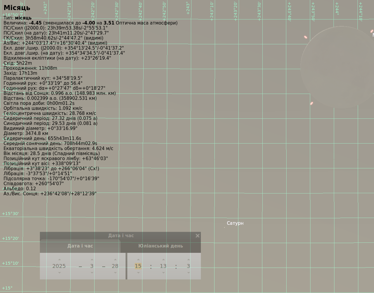 Знімок екрану з програми Stellarium, що показує зближення Місяця та Сатурна на небі 28 березня 2025 року. Великий Місяць розташований у верхньому правому куті, а Сатурн — як маленька світла точка внизу. На зображенні присутня координатна сітка, астрономічні дані про Місяць та часові налаштування програми.