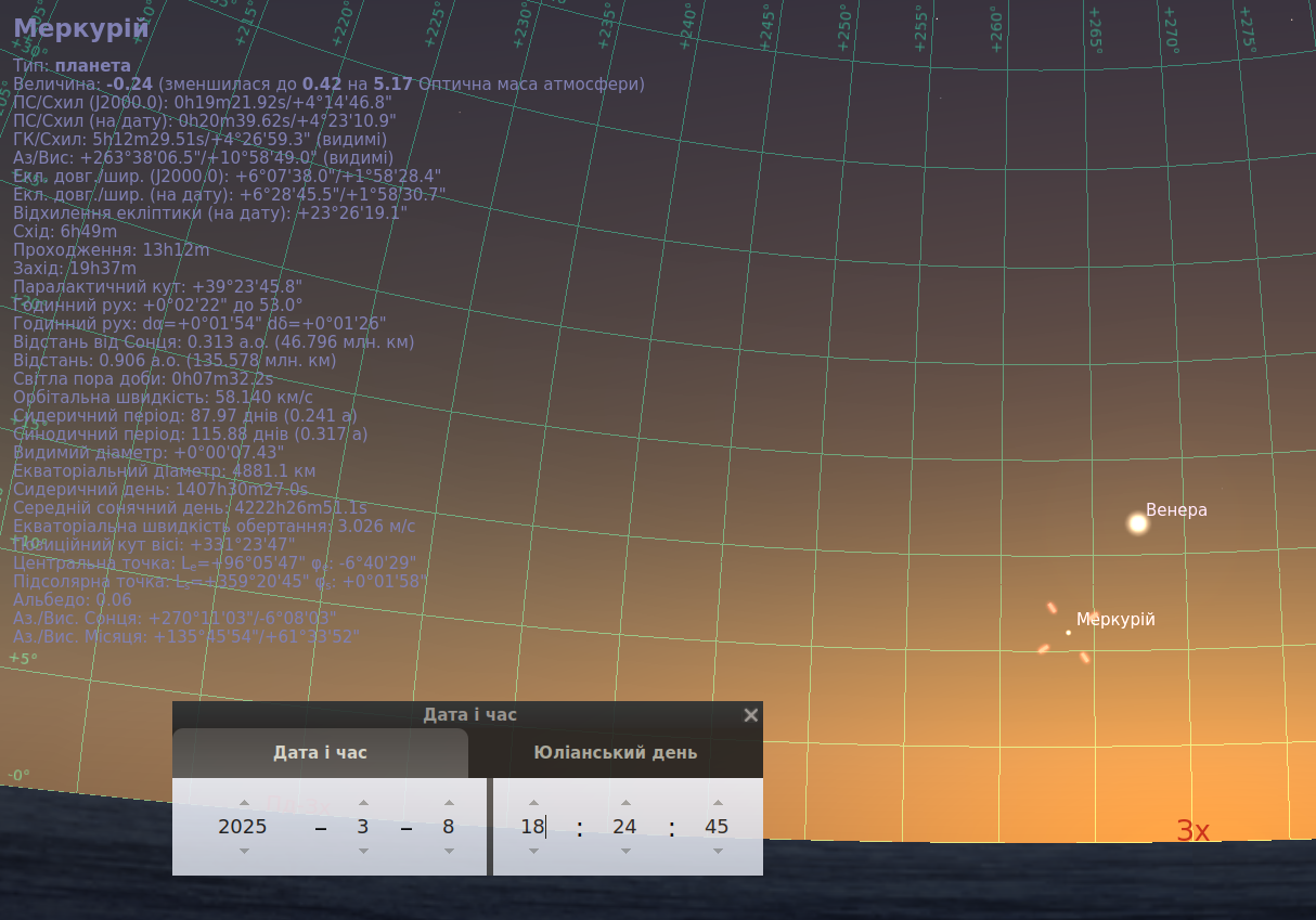Знімок екрану з програми Stellarium, що демонструє положення Меркурія та Венери на вечірньому небі 8 березня 2025 року. Меркурій досягає своєї найвищої точки у вечірньому небі. На зображенні відображені координатна сітка, астрономічні дані про Меркурій і часові налаштування програми.