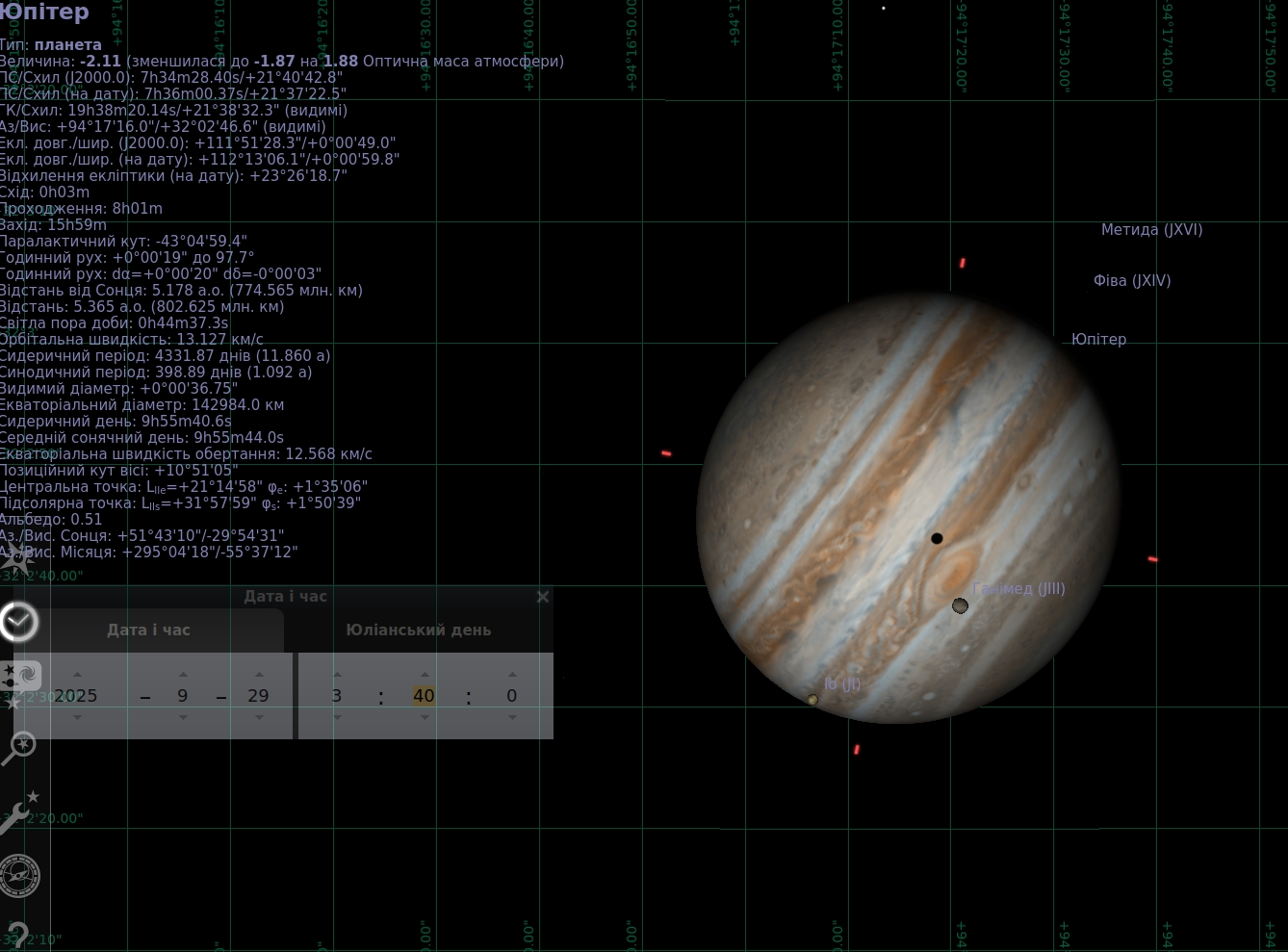 Скріншот з програми Stellarium: Юпітер 29 вересня 2025 року о 3:40, супутники Іо та Ганімед на тлі диска планети, видно тінь Іо.