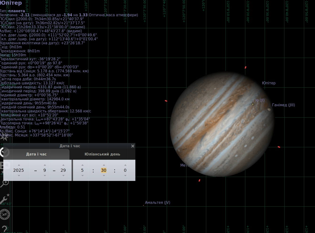 Скріншот з програми Stellarium: Юпітер 29 вересня 2025 року о 5:30, супутники Іо та Ганімед завершують транзит по диску планети.