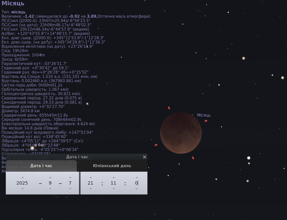 Скріншот з програми Stellarium із даними про Місяць та візуалізацією повного місячного затемнення 7 вересня 2025 року.