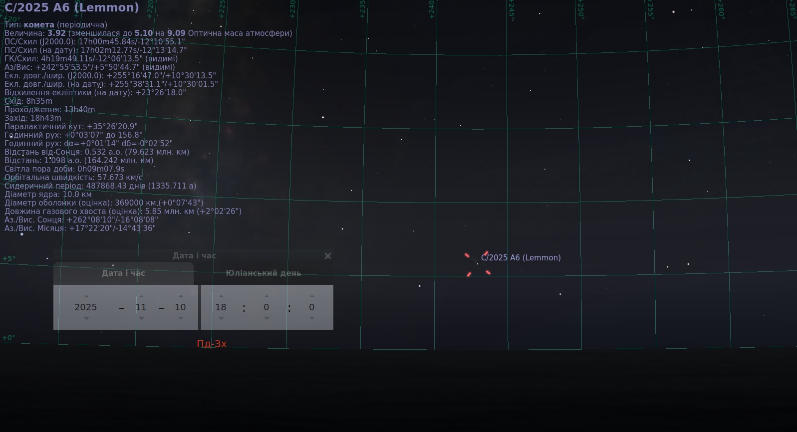 Скріншот із програми Stellarium, на якому показано комету C/2025 A6 (Lemmon) на вечірньому небі 10 листопада 2025 року близько 18:00. Комета позначена червоним маркером низько над південно-західним обрієм, на фоні зоряної сітки з вказаними її координатами та характеристиками.