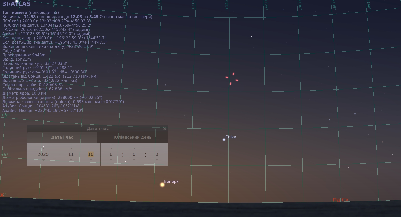Скріншот із програми Stellarium, який показує положення міжзоряної комети 3I/ATLAS на ранковому небі 10 листопада 2025 року близько 6:00. Комета позначена червоним маркером на тлі зоряної сітки, поруч видно зорю Спіку та планету Венеру низько над східним обрієм.