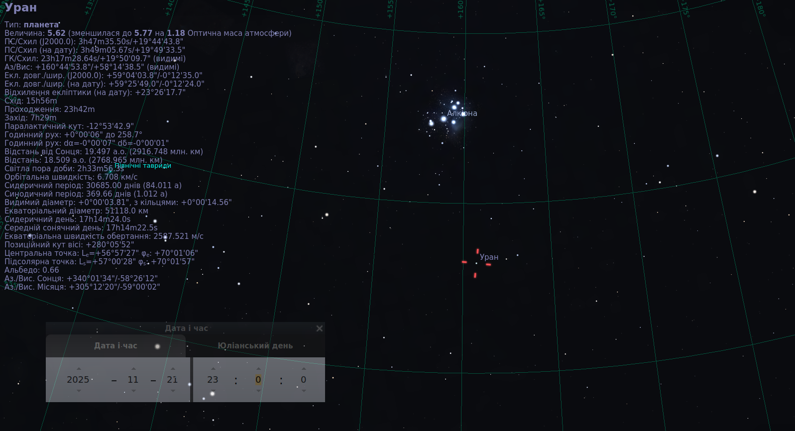 кріншот із програми Stellarium, який показує положення планети Уран на нічному небі 21 листопада 2025 року близько 23:00. Уран позначений червоним маркером неподалік зоряного скупчення Плеяди, що може слугувати зручним орієнтиром для спостережень під час протистояння планети.