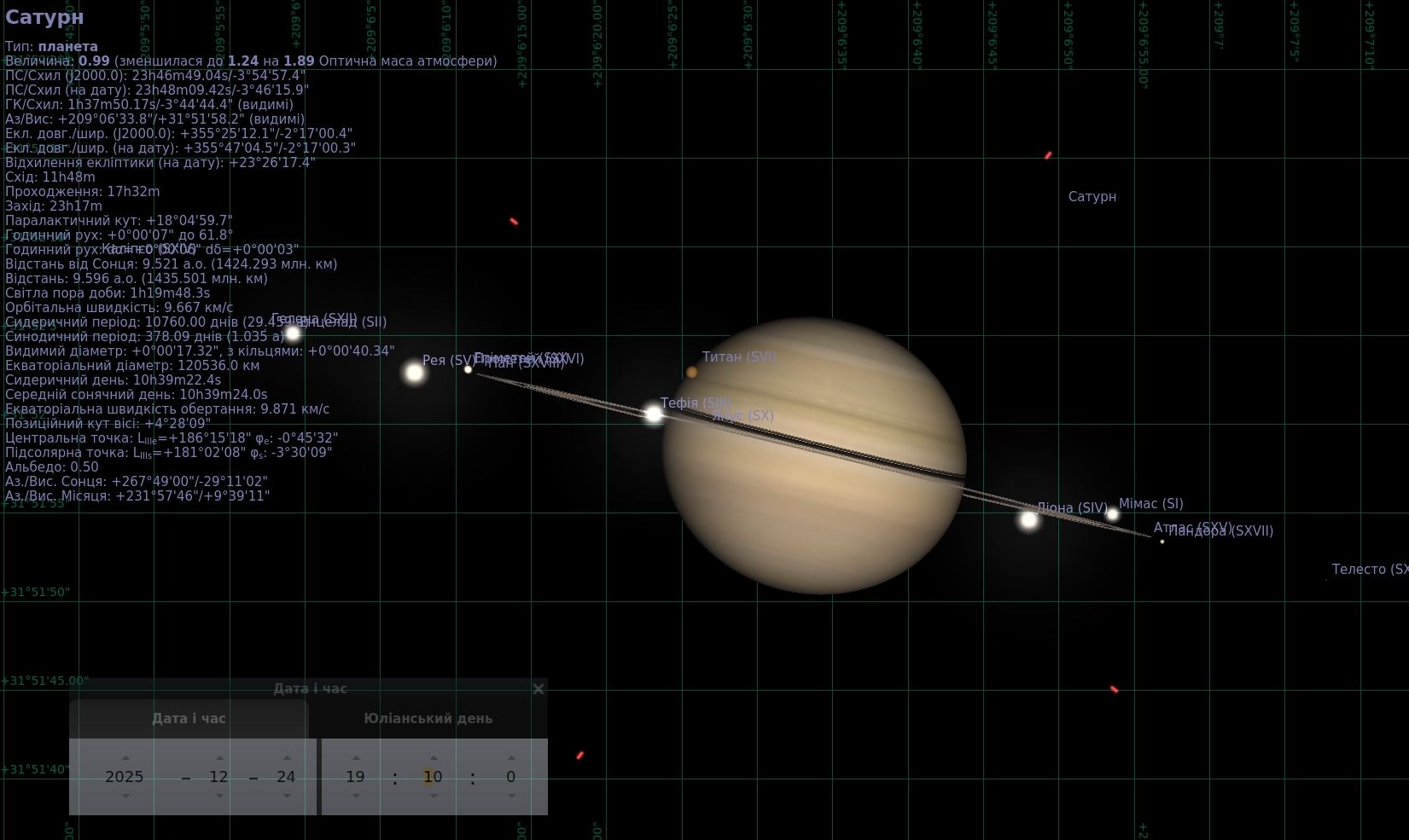 Симуляція в Stellarium: Сатурн із майже ребром повернутими кільцями та численними супутниками; Титан розташований перед диском планети на початку транзиту. Ліворуч видно панель із параметрами Сатурна, внизу — вибір дати й часу.