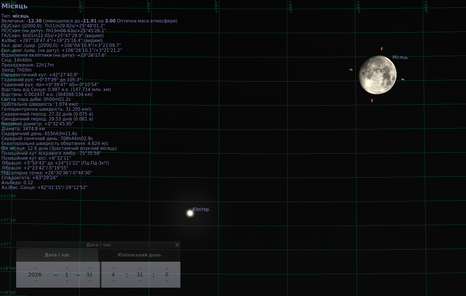 Скріншот з програми Stellarium: нічне небо з координатною сіткою, у верхній частині кадру розташований яскравий Місяць, нижче — Юпітер. Між ними видно помітну кутову відстань близько кількох градусів. Зображення ілюструє повторне зближення Місяця та Юпітера вранці 31 січня 2026 року, близько 4:30.