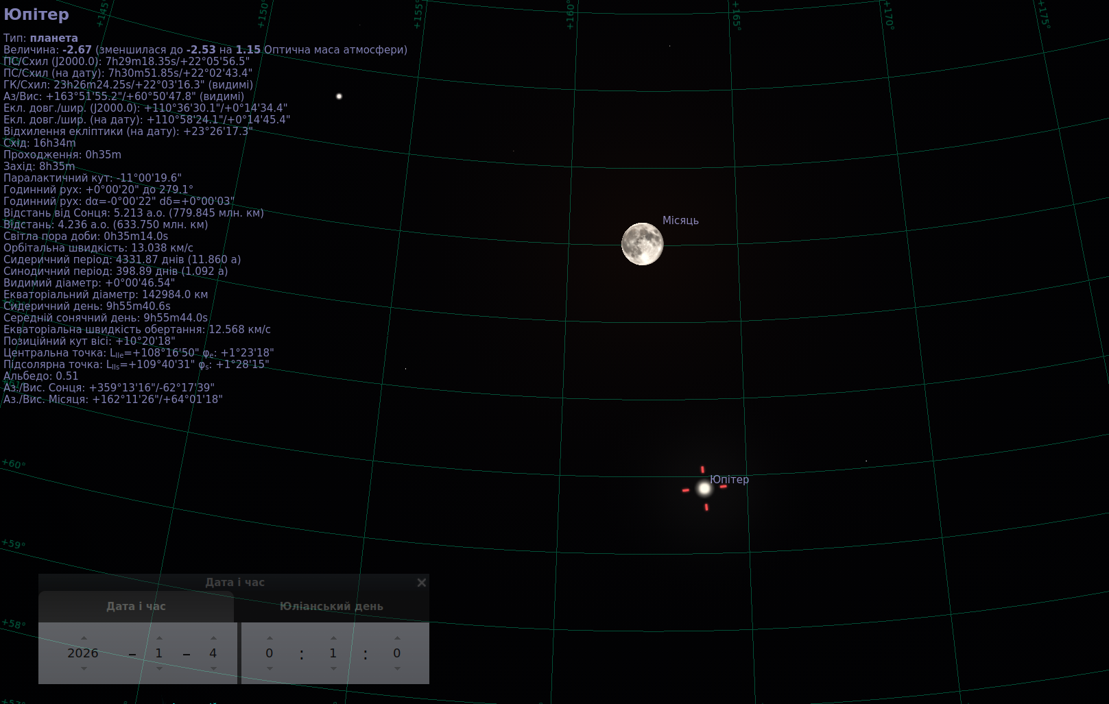 Скріншот з програми Stellarium: на нічному небі показані яскравий Місяць і Юпітер, розташовані на помітній відстані один від одного. Місяць знаходиться вище, Юпітер — нижче праворуч. Видно координатну сітку та підписи об’єктів; це ілюстрація їхнього вигляду в ніч з 3 на 4 січня 2026 року.