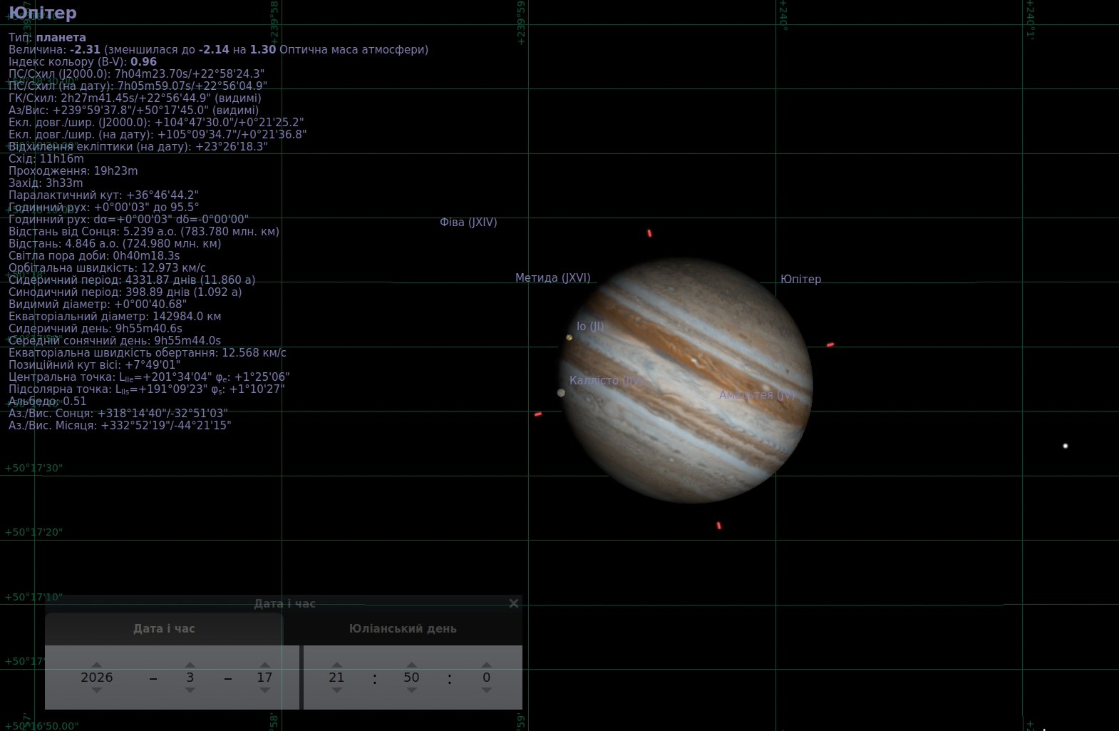 Юпітер у телескопічному вигляді в програмі Stellarium. Біля лівого краю диска планети видно супутники Іо та Каллісто, які саме виходять на тло Юпітера, починаючи транзит через його смугасту атмосферу.
