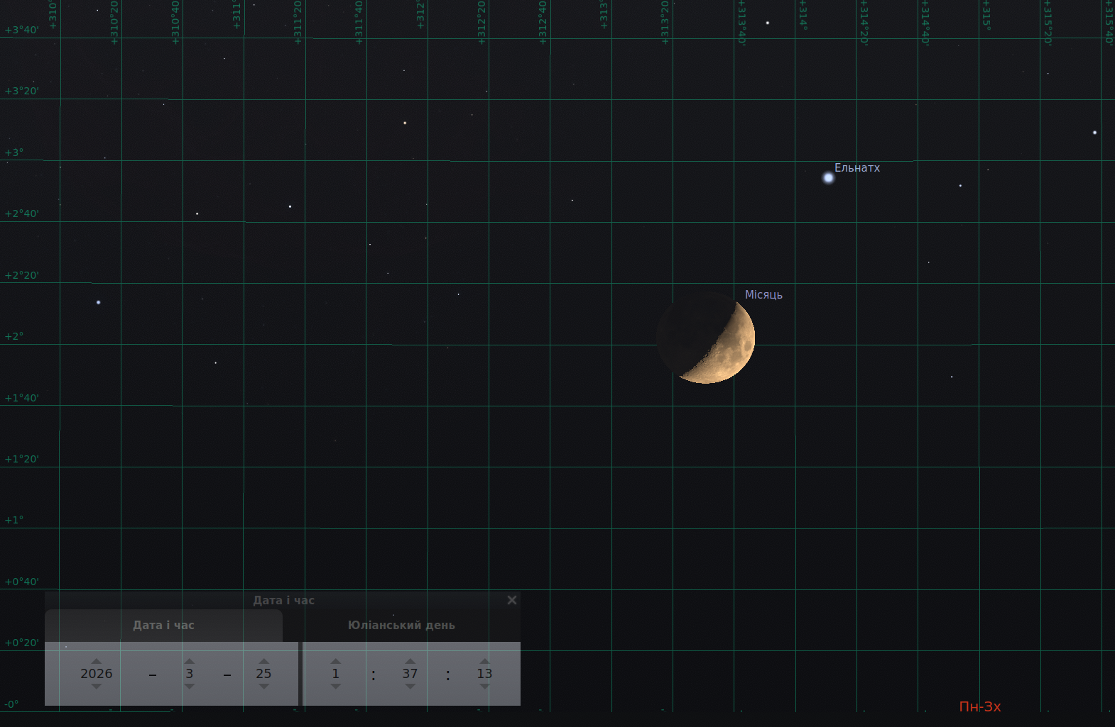 Скріншот із програми Stellarium, що показує нічне небо 25 березня. Серп Місяця розташований праворуч, а трохи вище праворуч від нього видно яскраву зорю Ельнатх; ілюстрація демонструє їхнє близьке розташування на небі в ніч зближення.
