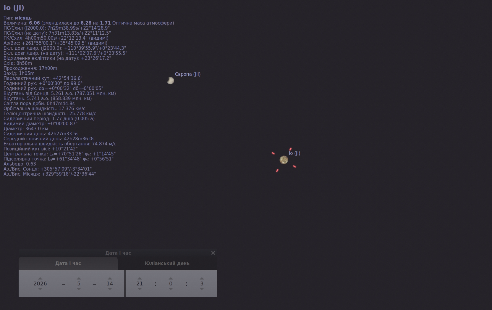 Симуляція в Stellarium на 20:55: Іо розташований нижче й правіше від Європи. Червоні мітки виділяють Іо, а Європа вище на зображенні ще виглядає майже повністю освітленою.
