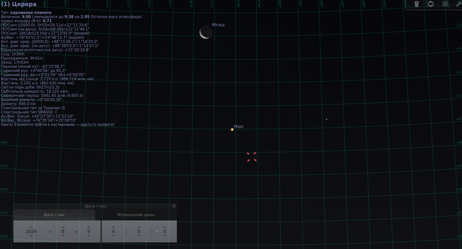 Скріншот Stellarium із яскравішим Марсом і позначеною Церерою поруч, а також тонким спадним Місяцем вище.